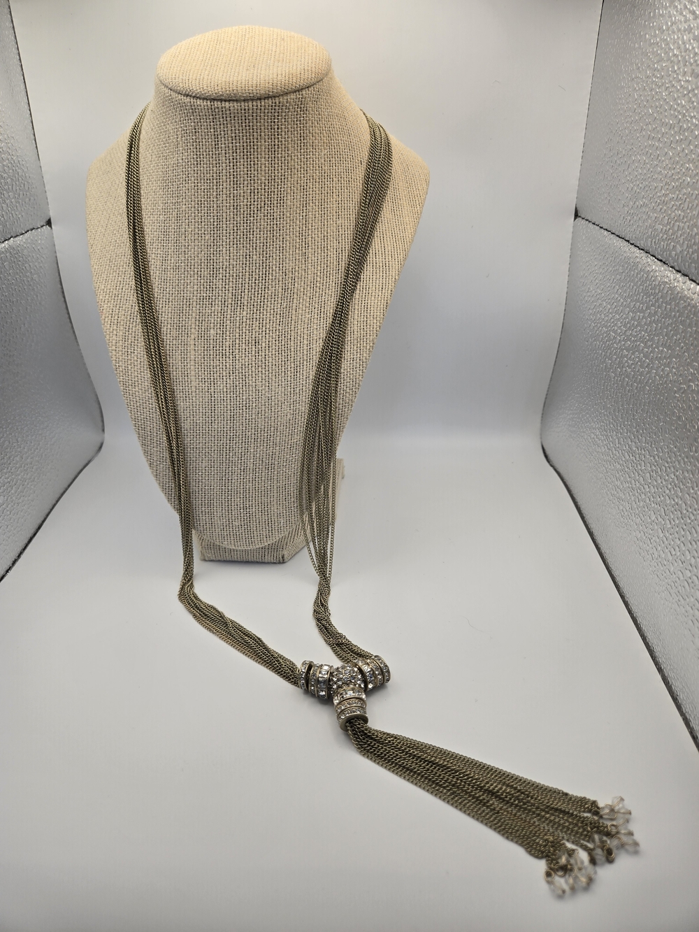NWT Chico's Chandra Long Tassel Multi-Strand Necklace Antique Gold Crystal Rings